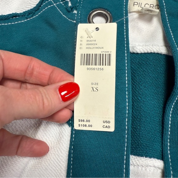 ANTHROPOLOGIE PILCRO TEAL AND WHITE STRIPED PULLOVER LONG SLEEVE GROMMETS - Picture 7 of 7